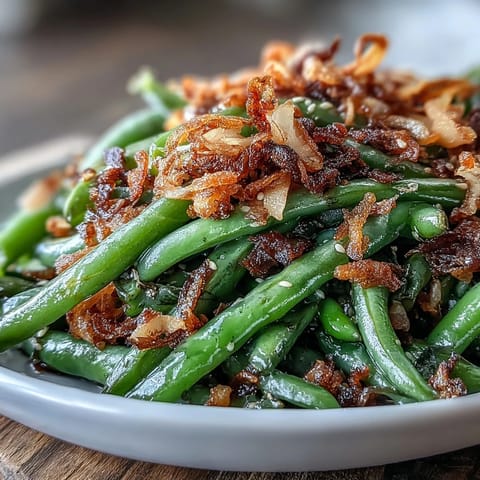 A vibrant plate of sesame garlic green beans topped with golden crispy onions, perfect as a savory side dish.  