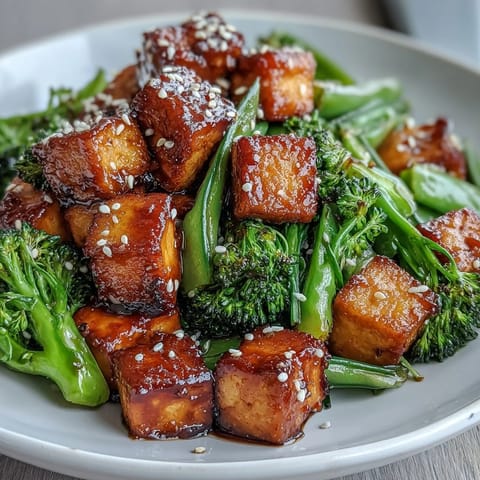 Fresh broccoli florets and snap peas tossed with golden tofu cubes in a glossy homemade teriyaki glaze.  