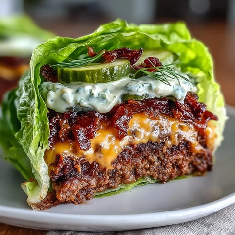 Juicy keto cheeseburger patties wrapped in crisp lettuce leaves, topped with melted cheddar, tangy pickles, and a creamy secret sauce for a low-carb twist.  