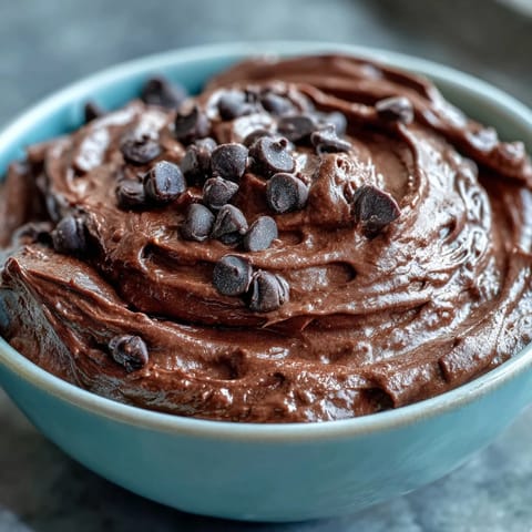 A creamy cottage cheese brownie batter dip topped with mini chocolate chips, served with fresh strawberries, apple, banana, and grapes for dipping.
