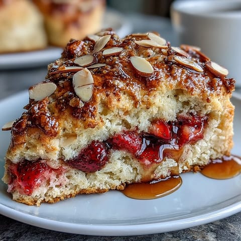 Golden brown butter scones with juicy strawberries and crunchy almond slices, perfect for a cozy breakfast or elegant teatime treat.  