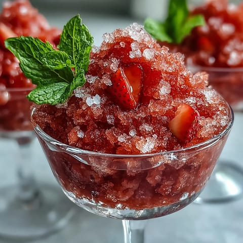Strawberry Lime Daiquiri Granita Dessert Cups topped with fresh mint and lime wedges, a vibrant and refreshing frozen summer treat.