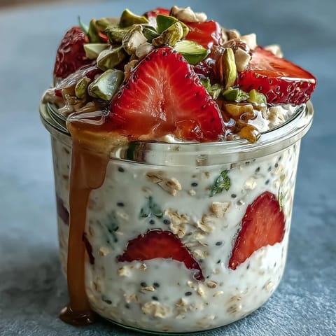 A vibrant jar of strawberry and pistachio overnight oats topped with fresh berries and crunchy nuts, drizzled with golden honey for a healthy breakfast.