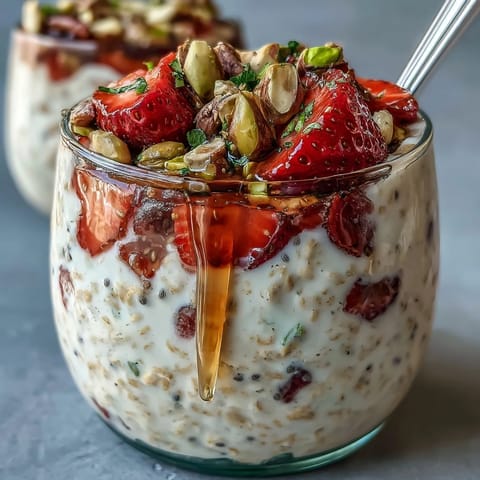 Creamy oats infused with vanilla and honey, layered with juicy strawberries and chopped pistachios, perfect for a make-ahead morning meal.