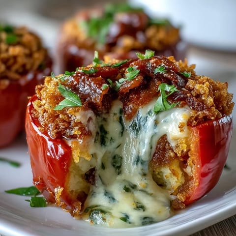 Funeral potatoes stuffed bell peppers with creamy cheese filling and crunchy cornflake topping.  