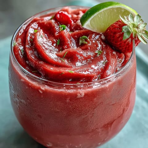 Refreshing strawberry coconut daiquiri smoothie with vibrant red berries and creamy coconut milk in a chilled glass.  