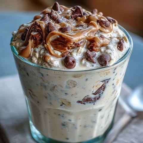 Creamy overnight oats with protein and chocolate chips, inspired by cookie dough for a nutritious breakfast.