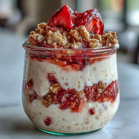 Strawberry cheesecake overnight oats with graham cracker topping in a glass jar, creamy oats layered with fresh strawberries and crunchy graham cracker crumbs.