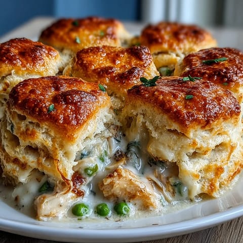 Creamy Chicken Pot Pie with Biscuit Topping: golden, flaky biscuits baked atop a rich, savory filling of chicken and vegetables.