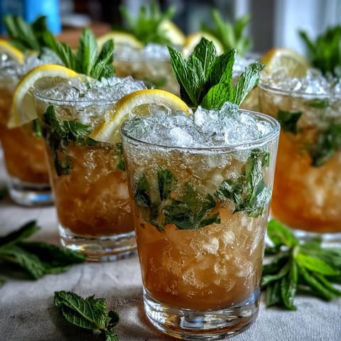Refreshing Kentucky Derby Mini Mint Julep Mocktails with crushed ice and fresh mint in festive mini glasses.  