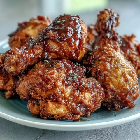 Golden baked chicken pieces coated in crispy, seasoned crust with a glossy drizzle of spicy hot honey.