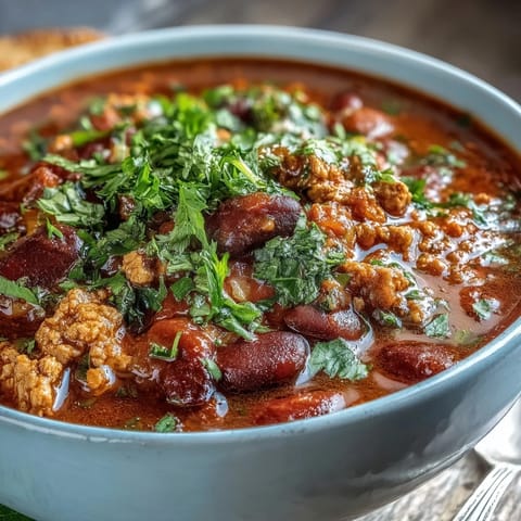 Healthy Easy One-Pot Turkey Chili with Beans served in a white bowl, topped with shredded cheese and fresh cilantro, with a side of warm cornbread on a wooden table.