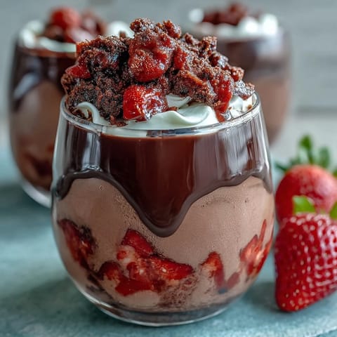 Decadent Dubai chocolate cups filled with fresh strawberries and cream, topped with crunchy Lotus Biscoff crumble.