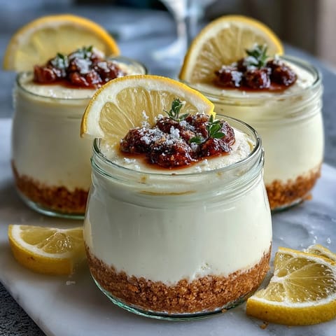 No-Bake Lemon Cheesecake Jars with creamy layers and fresh berries in clear glass jars.  