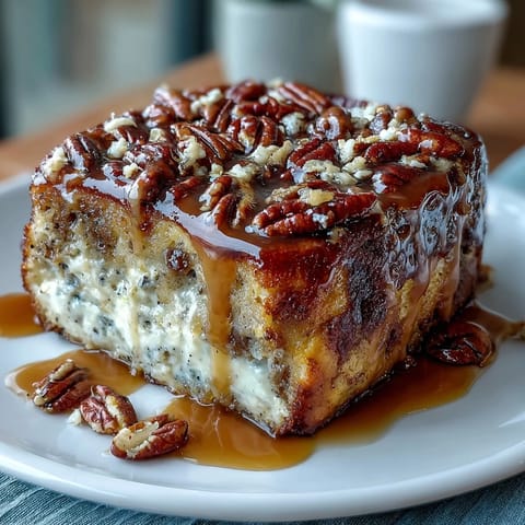 Fluffy pancake casserole baked golden with maple syrup swirls, ready to slice and serve warm for breakfast.