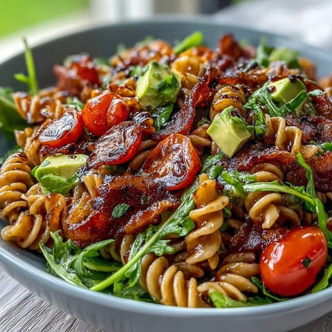 BLT Pasta Salad with Bacon and Avocado - a colorful bowl of creamy pasta salad with crisp bacon, fresh lettuce, and juicy tomatoes.