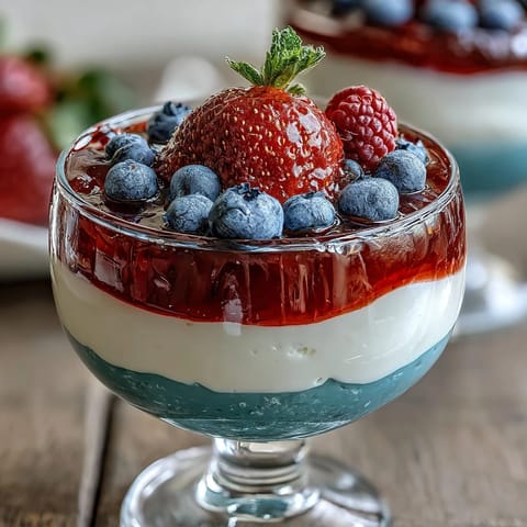 Festive Red, White, and Blue Layered Jello Cups with vibrant stripes perfect for patriotic parties and summer celebrations.  