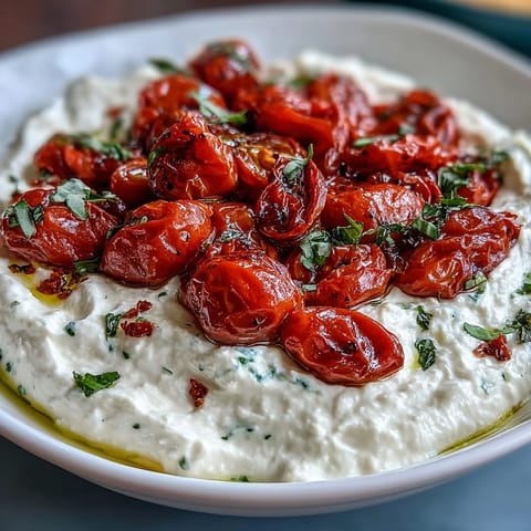 Whipped Feta Dip with Roasted Cherry Tomatoes, creamy and tangy, topped with sweet caramelized cherry tomatoes.