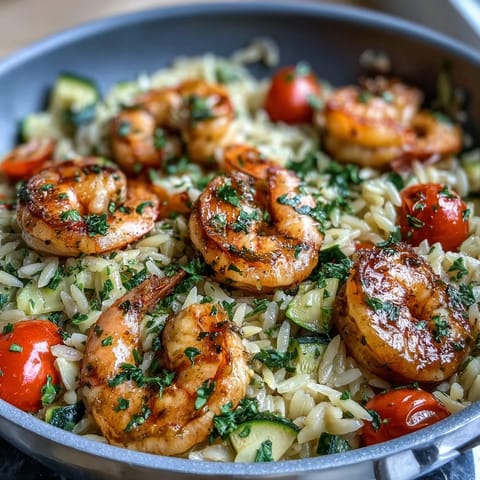 Vibrant lemon butter shrimp and orzo dish with juicy shrimp, tender orzo, and fresh vegetables cooked in one pan.