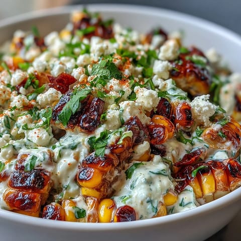 Mexican Street Corn Salad with creamy Cotija cheese and smoky chili-lime dressing, served in a rustic bowl with lime wedges.