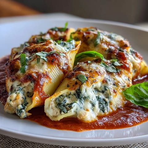 Golden brown Pesto Chicken Stuffed Shells Lite bubbling with melted mozzarella in a ceramic baking dish, ready to serve.