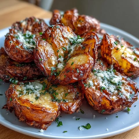 A close-up of crispy smashed potatoes, perfectly roasted with garlic and paprika seasoning.  