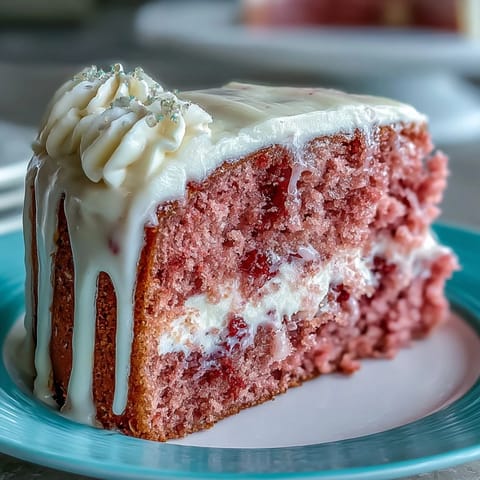 Vibrant rosé velvet cake with creamy frosting, elegant gold drip, perfect for celebrations.