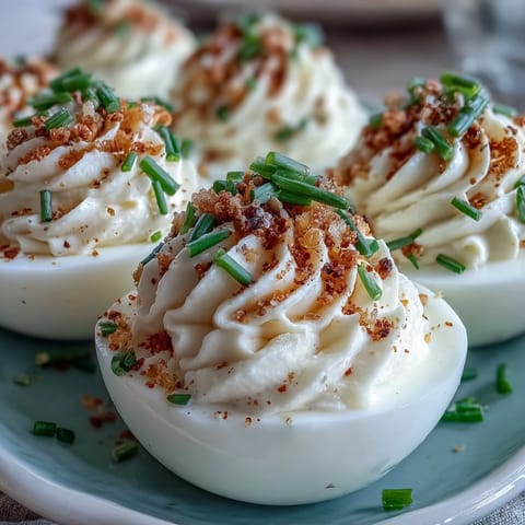Close-up of festive Everything Bagel Deviled Eggs with creamy filling piled high.