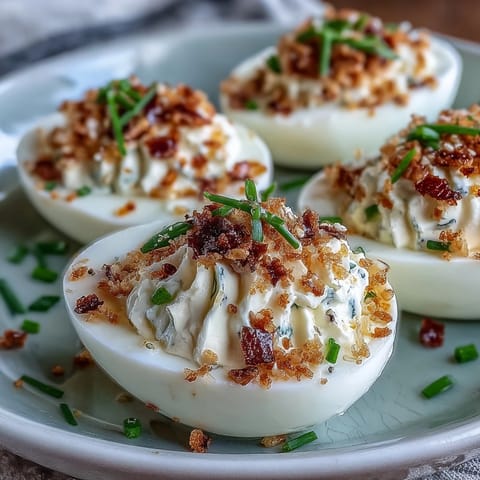 Plump Everything Bagel Deviled Eggs dusted with seasoning are ready for brunch.