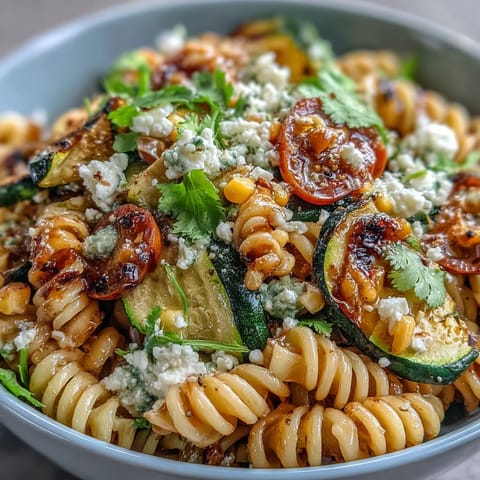 Vibrant pasta salad with grilled zucchini, sweet corn, and salty Cotija cheese.