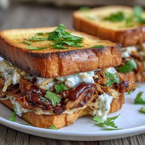 BBQ Pulled Jackfruit Sandwiches piled high with creamy coleslaw.
