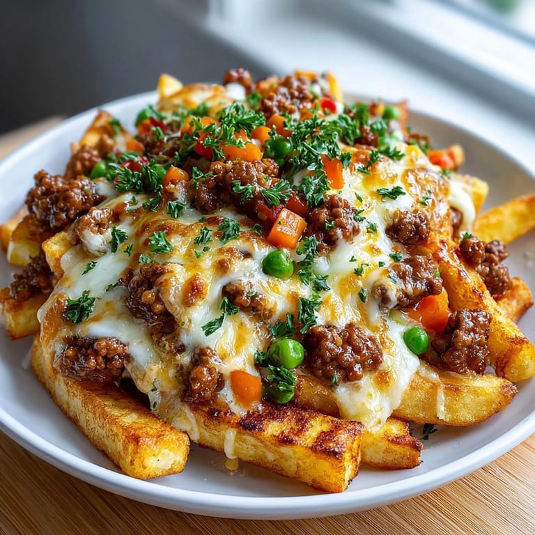 Crispy Shepherd's Pie Loaded Fries oozing cheese and savory meat sauce, a comforting bite.
