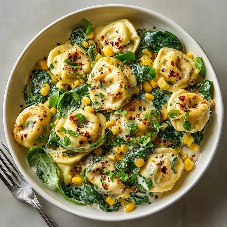 Golden, tempting Creamy Sweet Corn & Spinach Tortellini Skillet recipe; smells like basil heaven.