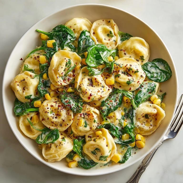 Quick Creamy Sweet Corn & Spinach Tortellini Skillet cooking on the stove; fresh and vibrant.