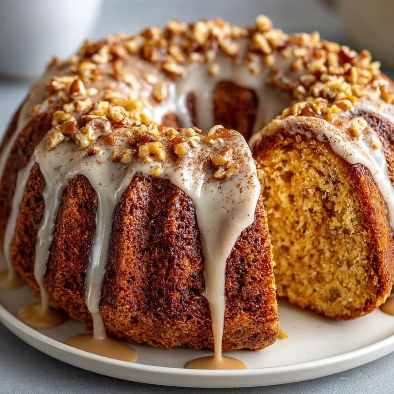 Homemade Autumn Pumpkin Maple Bundt Cake recipe—spiced aroma, inviting warmth from oven.