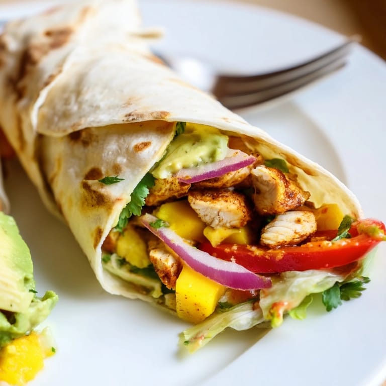 Imagine warm Mango Avocado Chicken Burritos; grilled chicken with sweet mango and cool avocado.