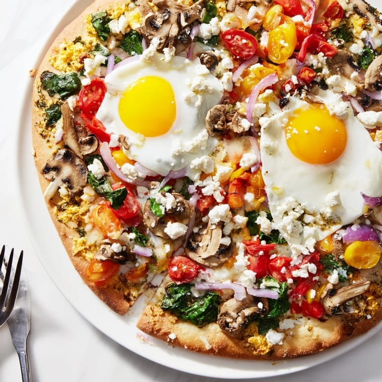 A warm, savory Garlic Herb Veggie Breakfast Pizza, a delicious, easy weekend brunch.