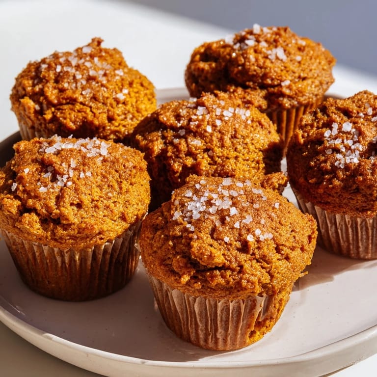 Deliciously spiced pumpkin muffins topped with flaky salt, ideal for afternoon tea.  