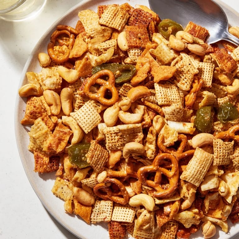 Festive Spicy Jalapeño Holiday Snack Mix, seasoned with jalapeños and savory spices for snacking.