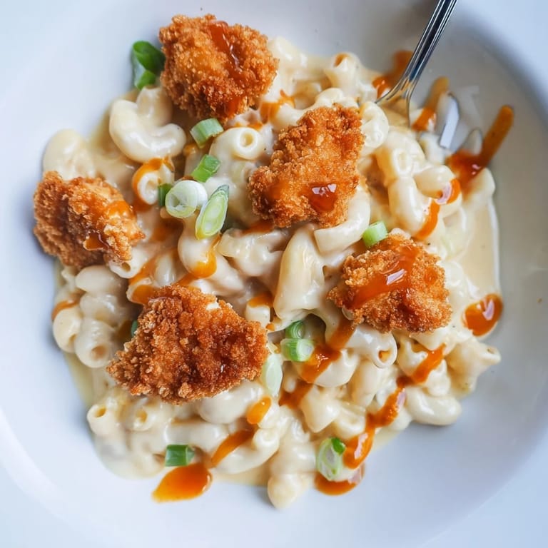 Vibrant sweet chili chicken mac and cheese with golden fried chicken bits.