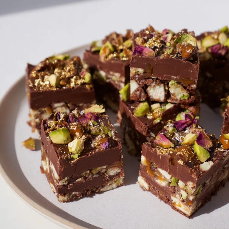 Luxurious chocolate dessert bars inspired by Middle Eastern flavors and textures.  