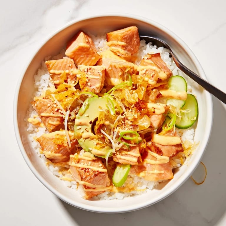 Vibrant crispy salmon rice bowl garnished with fresh avocado, spicy mayo, and scallions.  