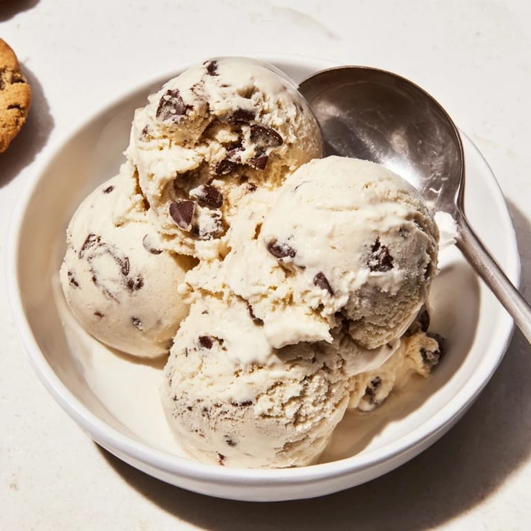 Homemade cottage cheese ice cream topped with rich edible cookie dough chunks.  