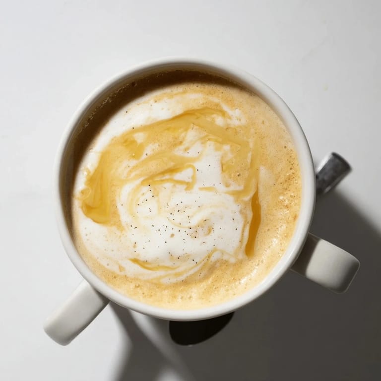 Savory onion latte featuring rich espresso and buttery caramelized onions, beautifully blended.  