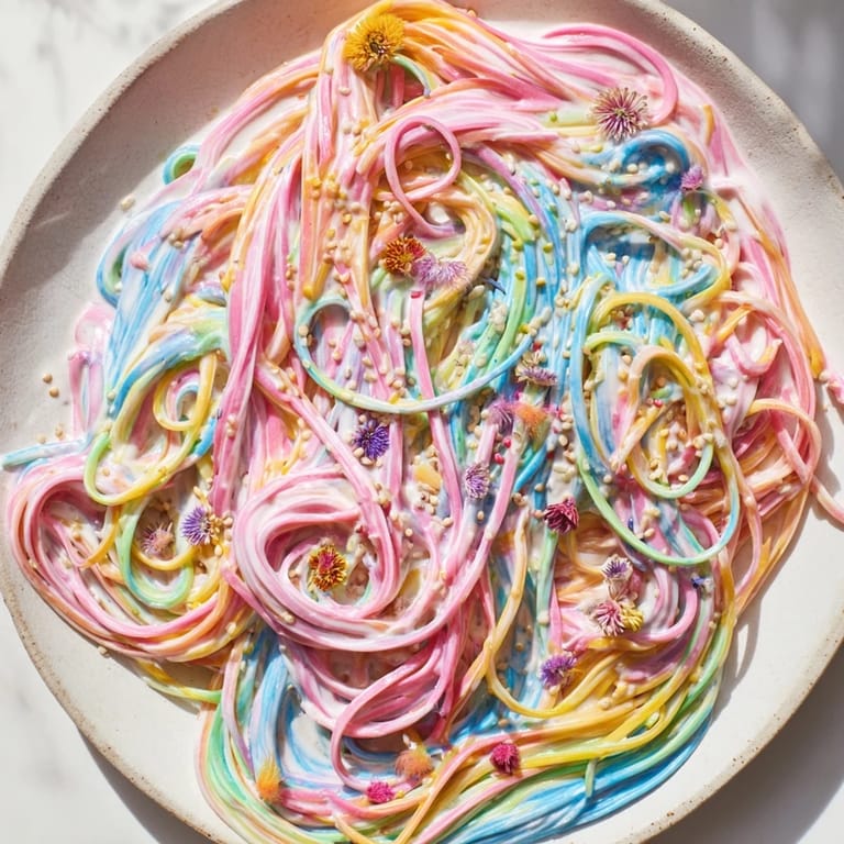 Colorful noodles twirl in creamy sauce, creating a whimsical Neon Noodle Cloud dish.  