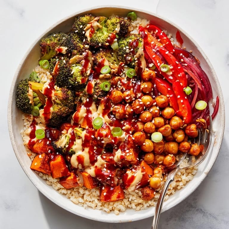 Delicious grain bowls featuring bold sauce drizzle, showcasing colorful roasted veggies and protein.  