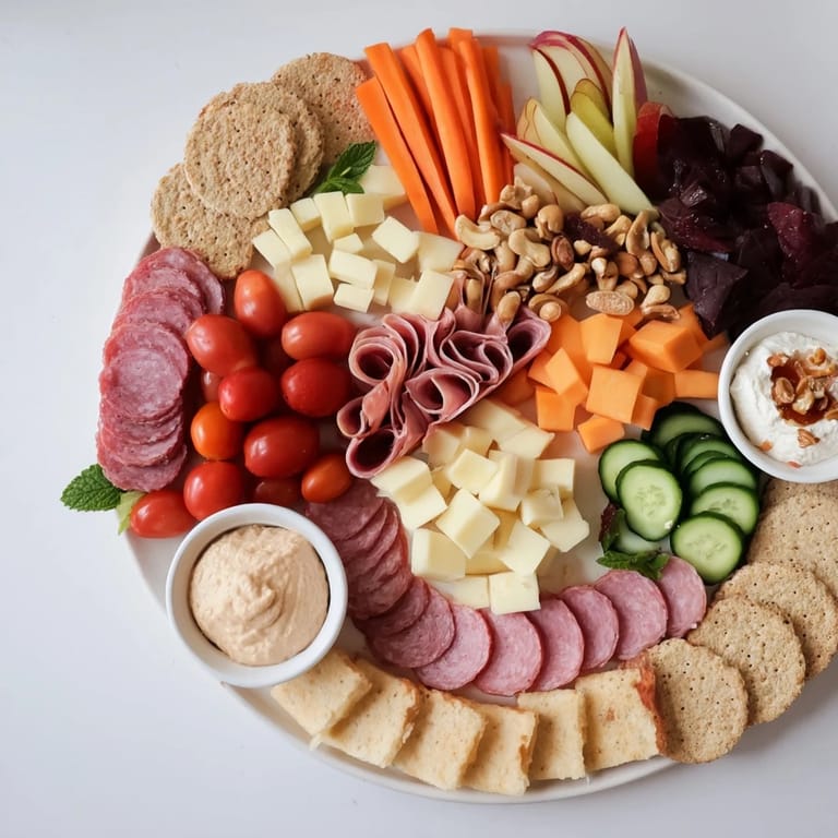 Delicious girl dinner platter featuring an assortment of dips, crackers, and fruits to share.