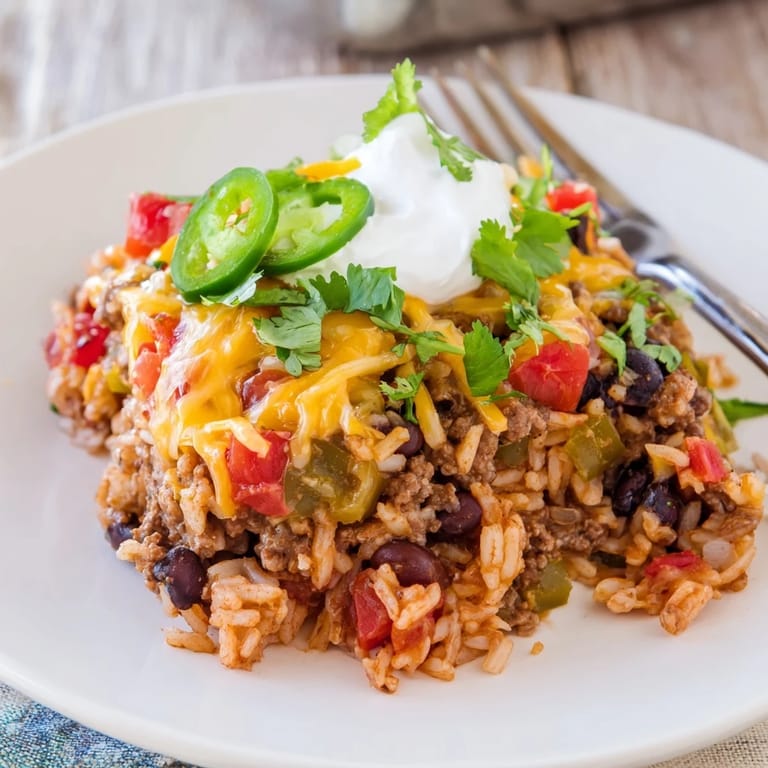 Colorful Tex-Mex Beef & Rice Casserole served hot, garnished with jalapeños and sour cream.