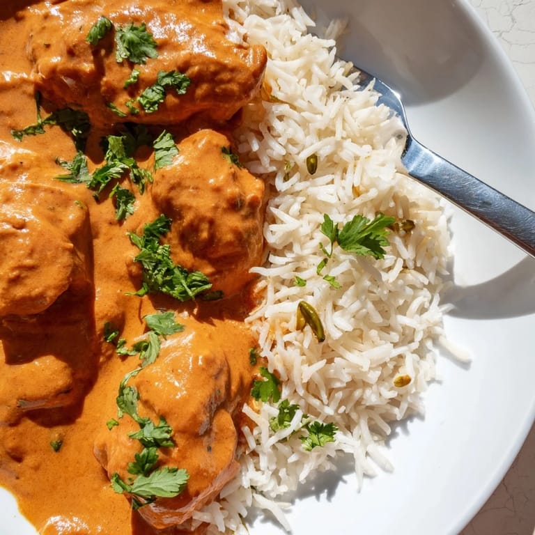 Deliciously spiced butter chicken with fluffy basmati rice pilaf on a plate.  