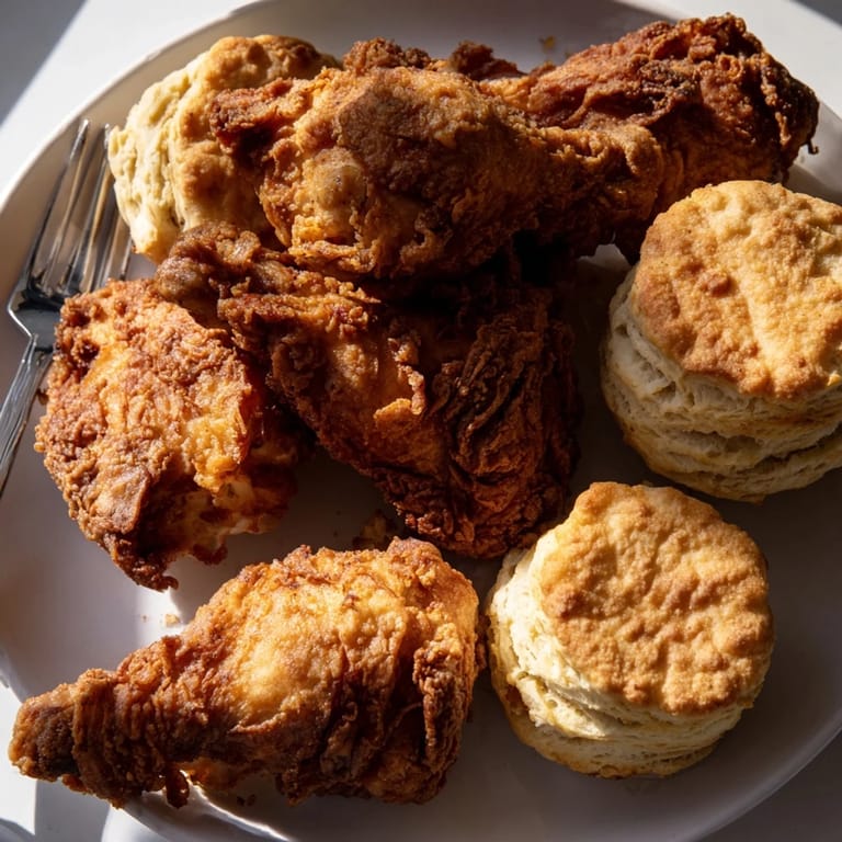 Mouthwatering Southern fried chicken paired with soft, warm buttermilk biscuits for a delicious meal.